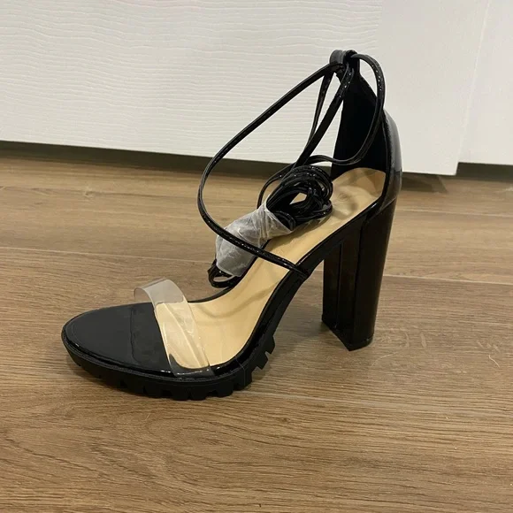 NWT Black heels with acrylic strap and leg ties - Picture 4 of 5